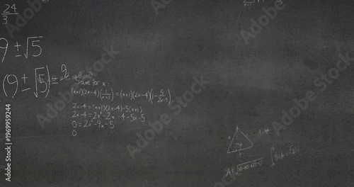 Animation of mathematical equations and drawings over blackboard