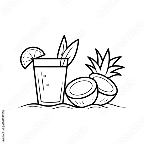 A refreshing tropical cocktail with a lime slice, coconut, and pineapple in outline art style.