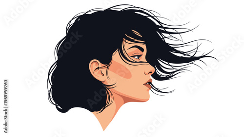 Artistic profile view of a young woman with flowing black hair blowing in the wind is captured against a white background.