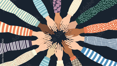 Many diverse hands with various skin tones are arranged in a circular formation, representing global unity and cooperation.
