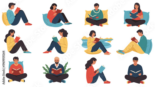 People of various backgrounds are shown in comfortable poses reading books while sitting on pillows or in nature settings.