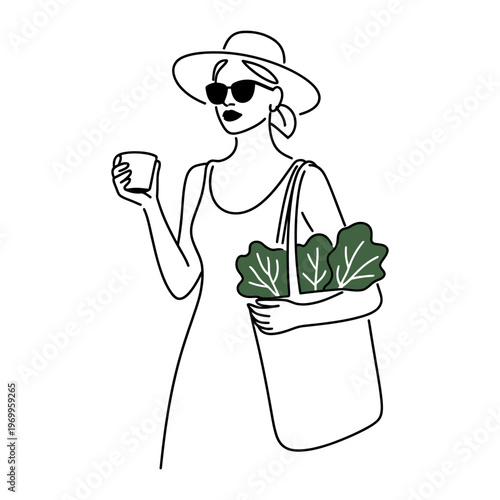A trendy woman wearing a hat and sunglasses holds a hot beverage and a reusable bag of fresh produce.