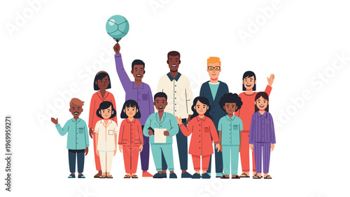 Large and diverse group of adults and children are shown standing together while wearing different styles of colorful pajamas.