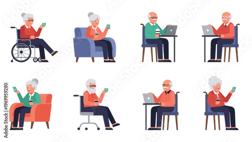 Elderly people are depicted in various daily activities like using laptops, drinking coffee, and sitting in wheelchairs.