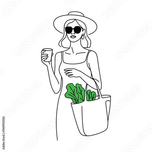 A stylish woman in a hat and sunglasses is holding a coffee cup and a tote bag with fresh greens.