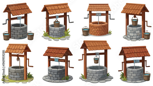 Variety of traditional water wells made of stone and wood with tiled roofs and buckets is shown in a clean illustration.
