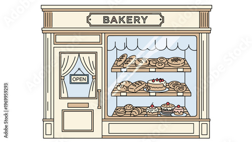 Front view of a classic bakery storefront features a large display window filled with various breads, cakes, and pastries.