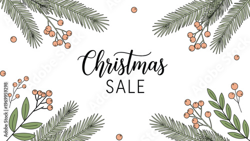 Festive holiday banner for a Christmas sale features green pine branches, red berries, and elegant black script lettering.
