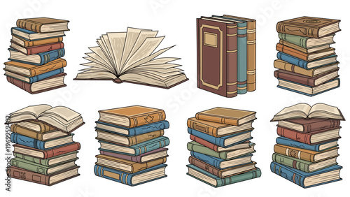 Multiple stacks of old and new books are shown alongside open volumes, suggesting a library, education, or deep study.