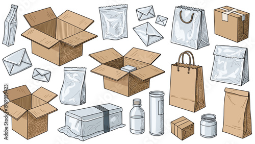 Detailed sketches of various shipping and packaging materials like cardboard boxes, paper bags, and envelopes on a white background.