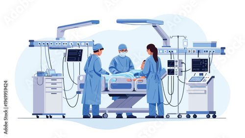 Surgical team in blue scrubs performs a procedure on a patient in a high-tech hospital operating room with monitors.