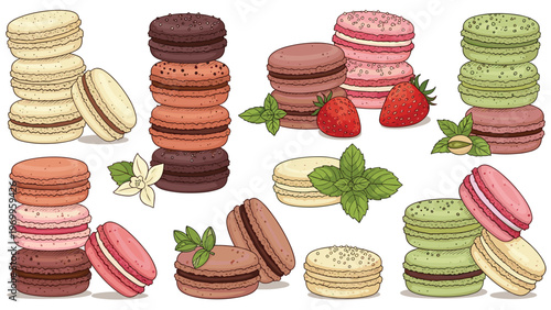 Colorful assortment of illustrated macarons with gourmet flavors and garnishes such as fresh strawberries and mint leaves.