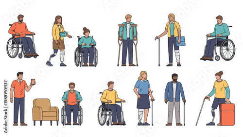 Diverse set of people with disabilities illustrated in various situations using wheelchairs, crutches, and prosthetic limbs.