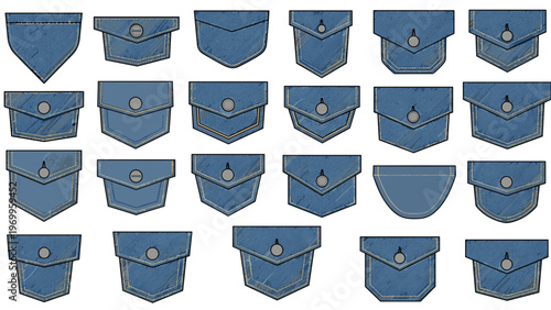 Large collection of denim pocket designs showcasing various shapes, stitching patterns, and button details on blue jeans material.