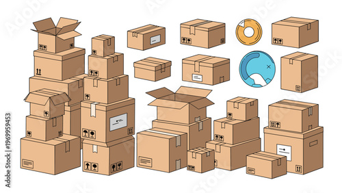 Illustration of stacked and individual cardboard shipping boxes with various transit labels and fragile handling symbols.