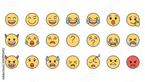 Extensive set of yellow emoji faces expressing a wide range of emotions from happiness and laughter to sadness and anger.