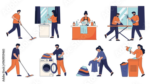 Characters engaged in various household chores including cleaning floors, ironing clothes, washing dishes, and doing laundry.