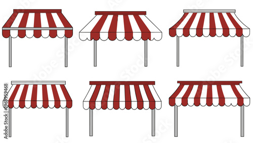 Set of classic red and white striped store awnings and canopies designed for retail shop fronts and outdoor cafe seating areas.