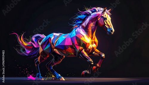 A vibrant, low-poly horse with neon colors runs dynamically
