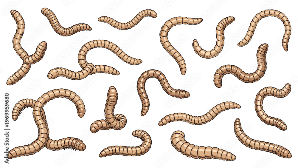 Fototapeta premium Group of mealworms or larvae depicted in various crawling and curled positions with detailed brown segmented bodies for nature.