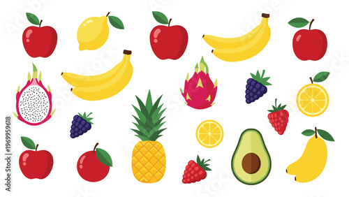 Variety of fresh fruits including dragon fruit banana apple pineapple avocado lemon and berries in a clean flat design style.