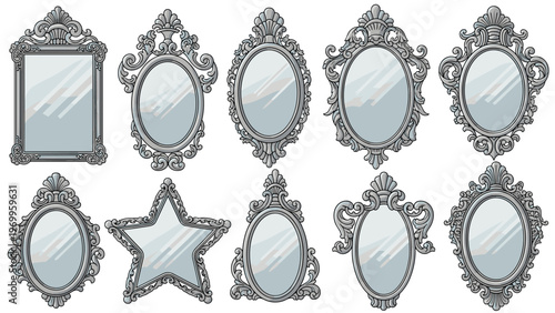 Collection of ornate vintage mirror frames in antique silver style featuring baroque and rococo decorative carvings on white.