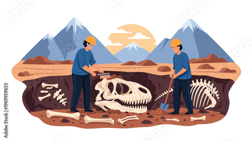 Professional paleontologists excavating a large dinosaur fossil skeleton in a desert landscape with mountains under a sunset.