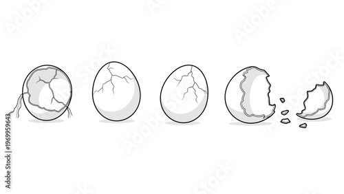 Sequential stages of a white chicken egg shell cracking and breaking apart into several pieces on a plain white background.