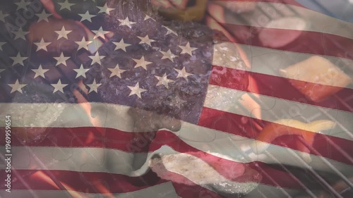 Animation of flag of usa over puzzle pieces and barbecue