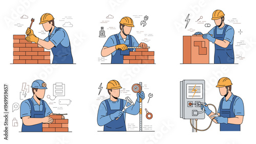 Construction workers in hard hats performing different tasks such as laying bricks measuring and working with electrical panels.