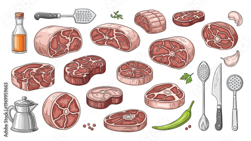 Various cuts of raw beef and pork meat displayed with cooking utensils like knives oil spices and herbs for culinary design.