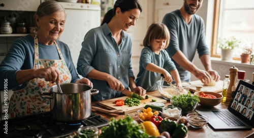 Happy Multi-Generational Family Cooking Together in Kitchen with Virtual Connection