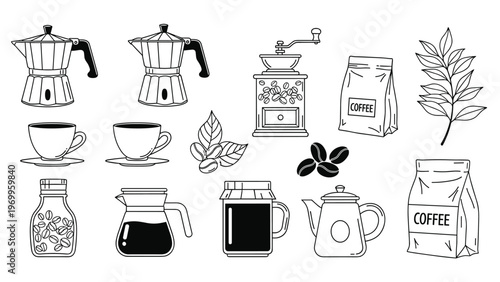 Comprehensive set of black and white line icons featuring various coffee makers, cups, beans, and grinders for cafe or barista themes.