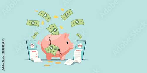 A pink piggy bank with dollar bills and coins, flanked by two smartphones displaying digital invoices for a house and a car. Flat art representing digital finance and debt.