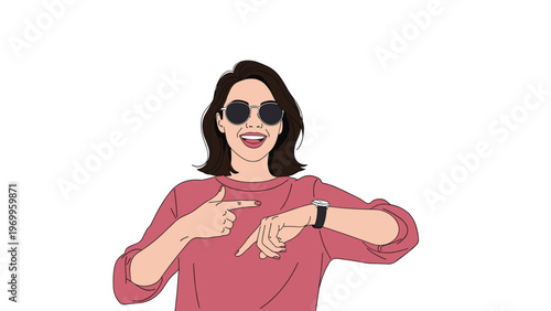 Fashionable woman wearing sunglasses and a pink top pointing at her wrist watch on a clean white background to emphasize time or punctuality.