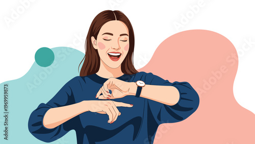 Smiling woman in a blue sweater pointing enthusiastically at the watch on her wrist against a background of abstract colorful shapes.