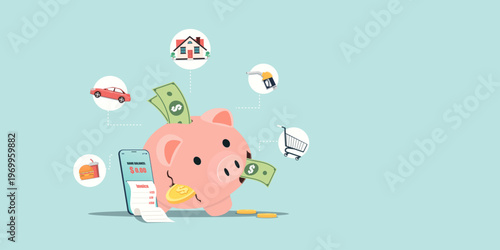 Pink piggy bank surrounded by icons of house, car, food, fuel, and shopping cart with an invoice on a smartphone. Represents personal finance, budgeting, and debt payment.