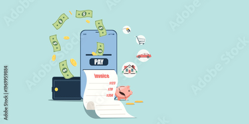 Mobile phone app for paying invoices and managing household expenses like fuel, groceries, and rent, featuring a broken piggy bank to signify financial loss.