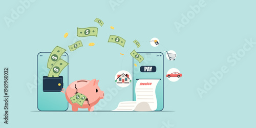 A digital wallet on a smartphone transferring money to another device for bill payments, invoices, and daily expenses like housing, fuel, and groceries. Business and finance theme.