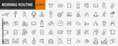Morning routine and healthy daily lifestyle activities outline icons set
