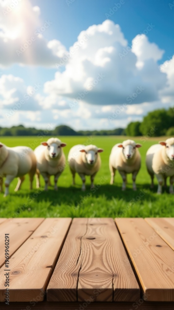 Fototapeta premium A peaceful scene of sheep standing on a lush green field, with a calm atmosphere
