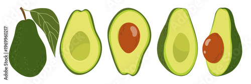 Set of avocado vector illustrations in flat style. Fresh whole fruit and halves with pits isolated on white background. Modern organic food elements for kitchen decor menu design and stickers