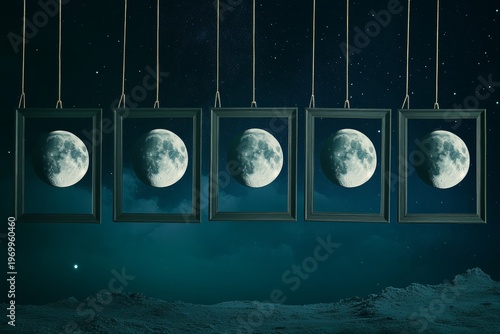 Five moon phases in hanging frames against starry night sky