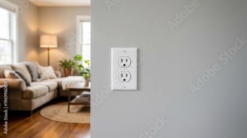 White electrical wall outlet installed in modern living room interior.
