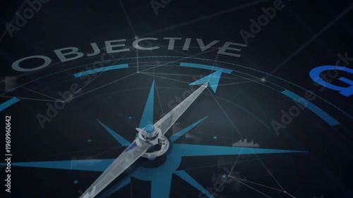 Animation of magnetic needle on compass pointing to goal text over streaming data and networks