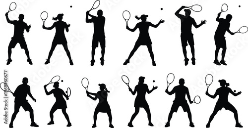 Set of male and female tennis player silhouettes in various action poses including serve, forehand, and backhand, perfect for sports competition, fitness training, and tournament concepts.