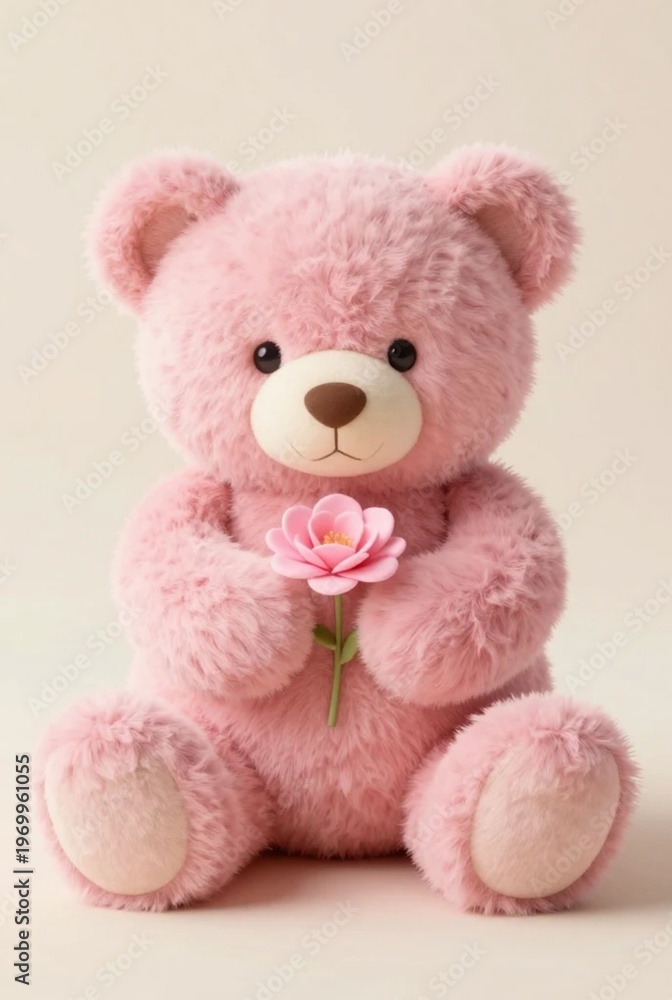 Fototapeta premium A cute, chubby baby pink teddy bear holding a soft pink flower in its paws, looking big, fluffy, and adorable with a cozy, charming, and heartwarming aesthetic.