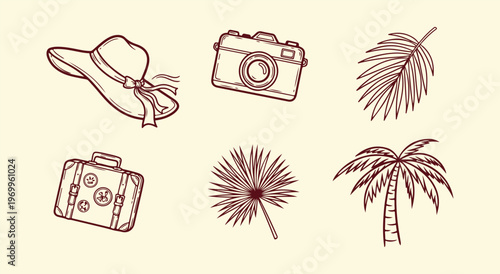 “Summer Vacation Travel Icons Set Hand Drawn Beach Elements, Camera, Hat, Palm Tree Vector Illustration”