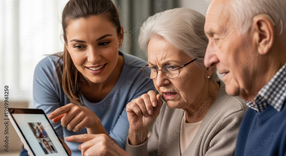 Fototapeta premium Generations Connecting: Young Woman Helps Seniors Video Call on Tablet