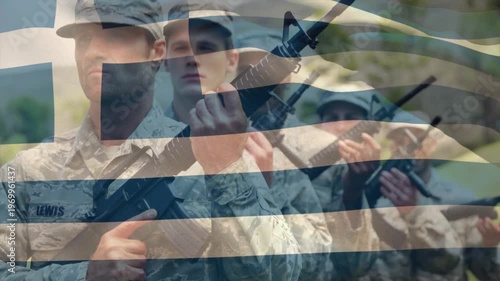 Front soldier hearing military drill command shifting rifle to present arms unit mirroring movement